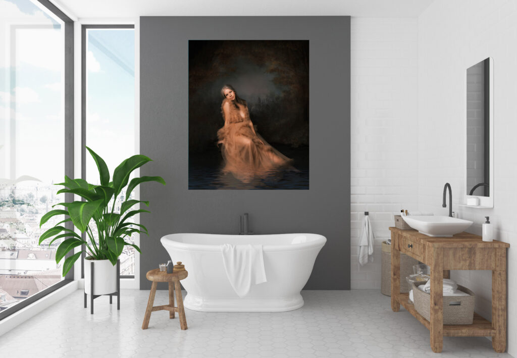 wall portrait of girl in water mounted over a tub in a bathroom- high-end photography