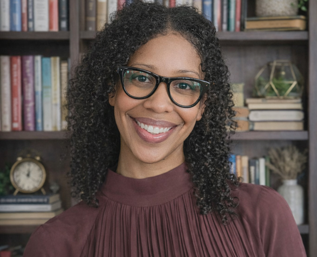 lady holding a book in front of a library